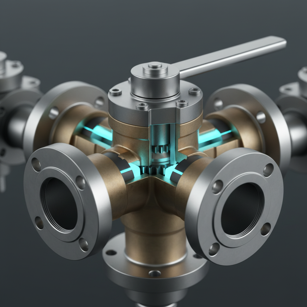 Close detail of a bronze and stainless six-port change-over transfer valve lever on a duplex filter manifold