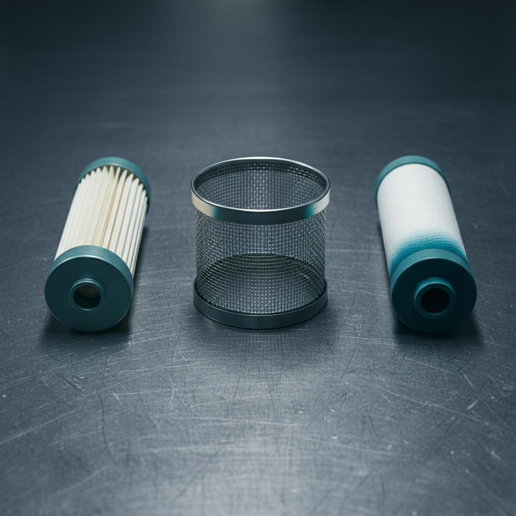 Pleated cartridge, wire mesh basket element and wound depth cartridge arranged on a workbench