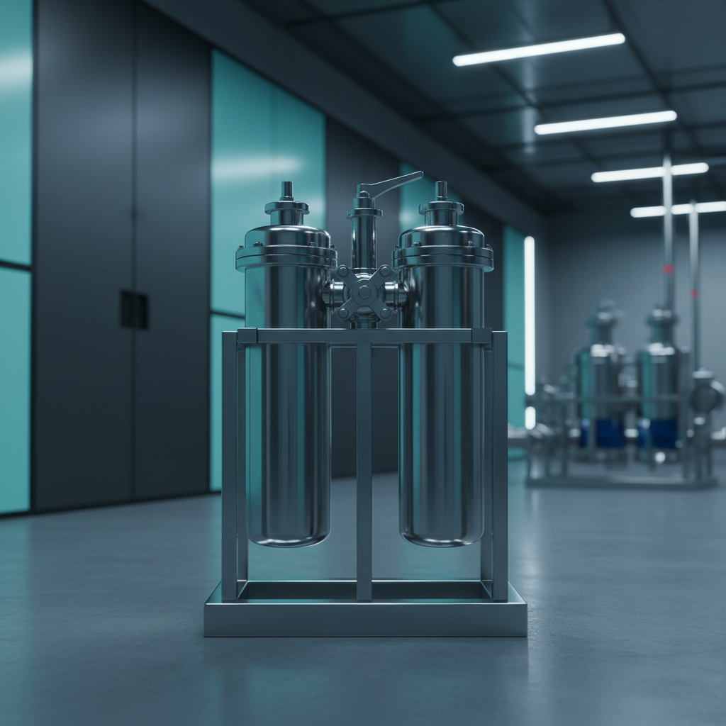 Twin-chamber stainless steel duplex filter housing with a central six-port change-over valve mounted on an industrial process skid