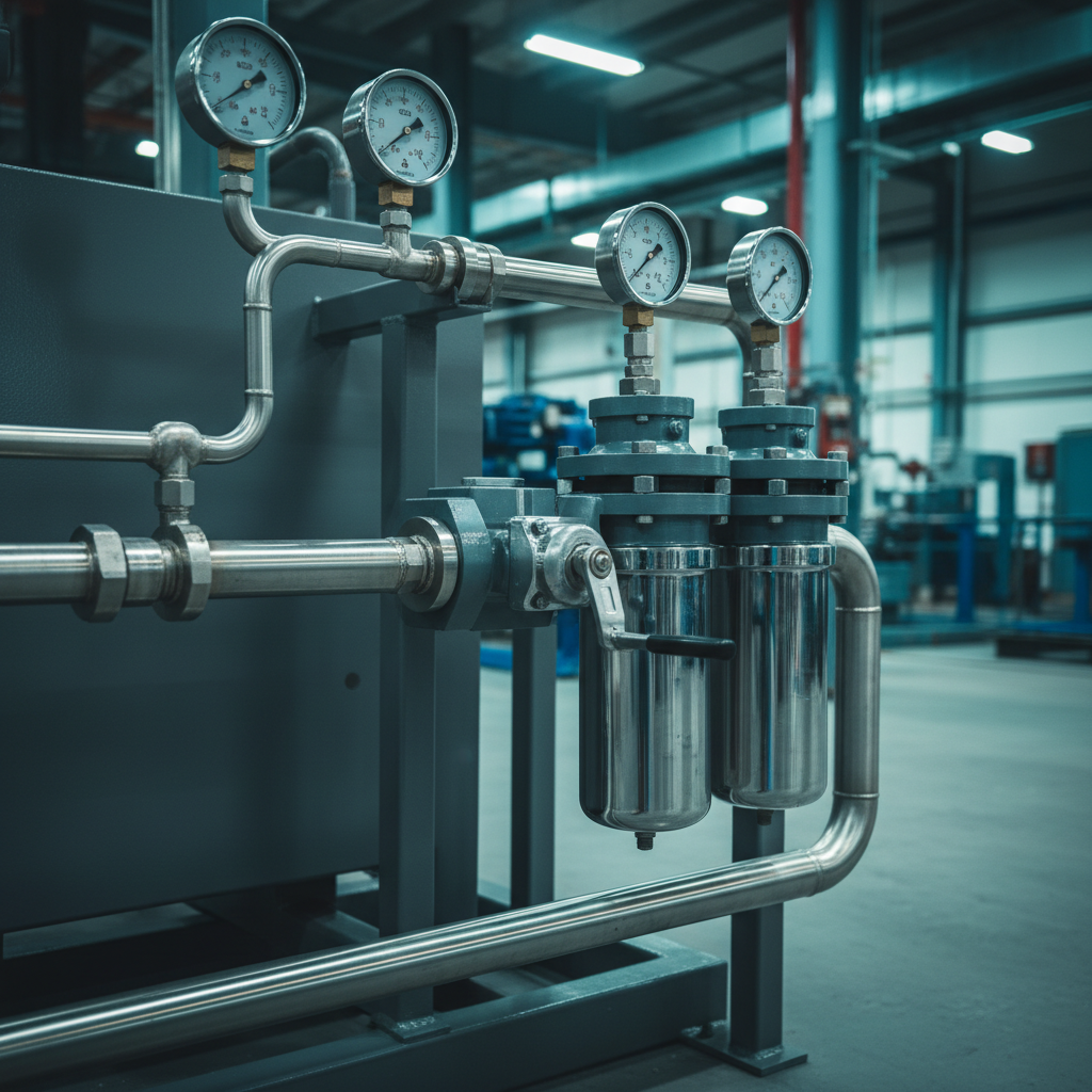 Hydraulic power unit skid with steel piping, pressure gauges and an inline duplex filter assembly