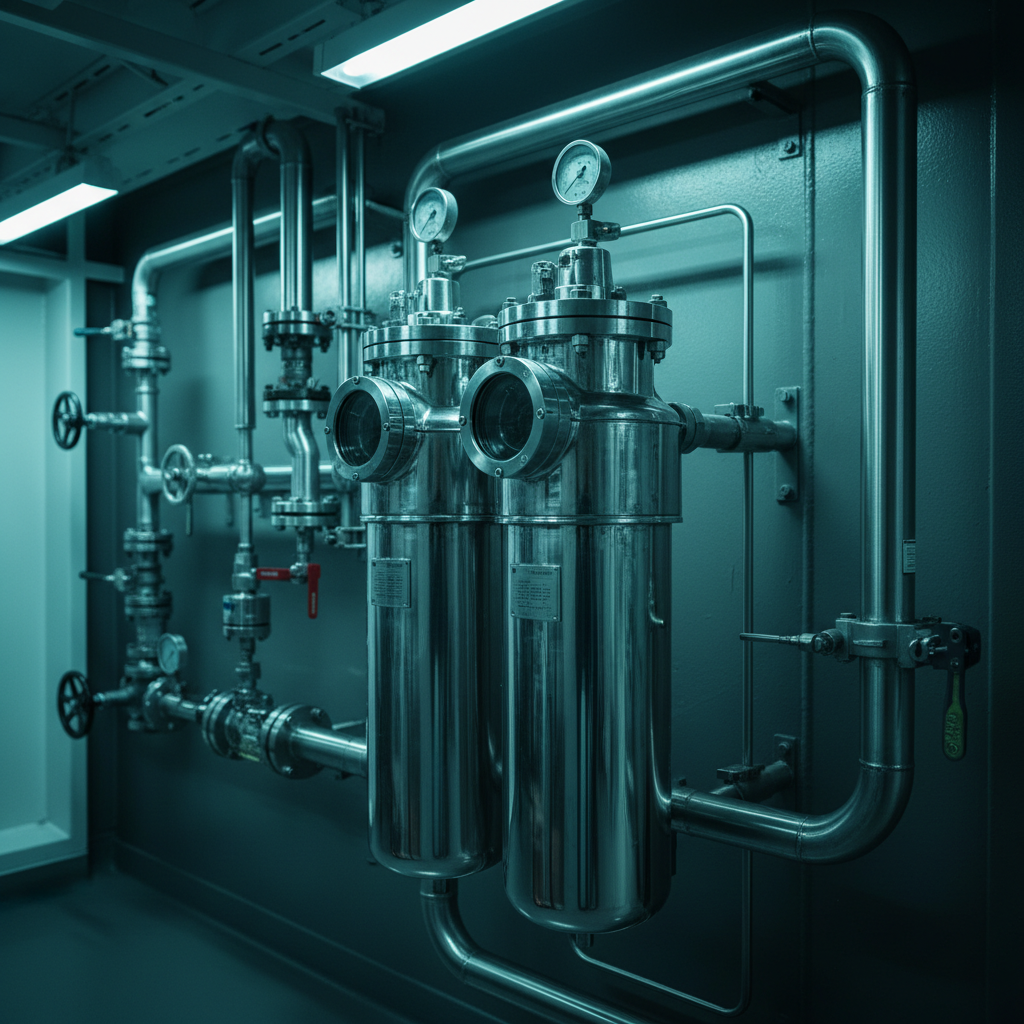 Marine engine room fuel treatment line with a stainless duplex fuel filter housing and sight glasses